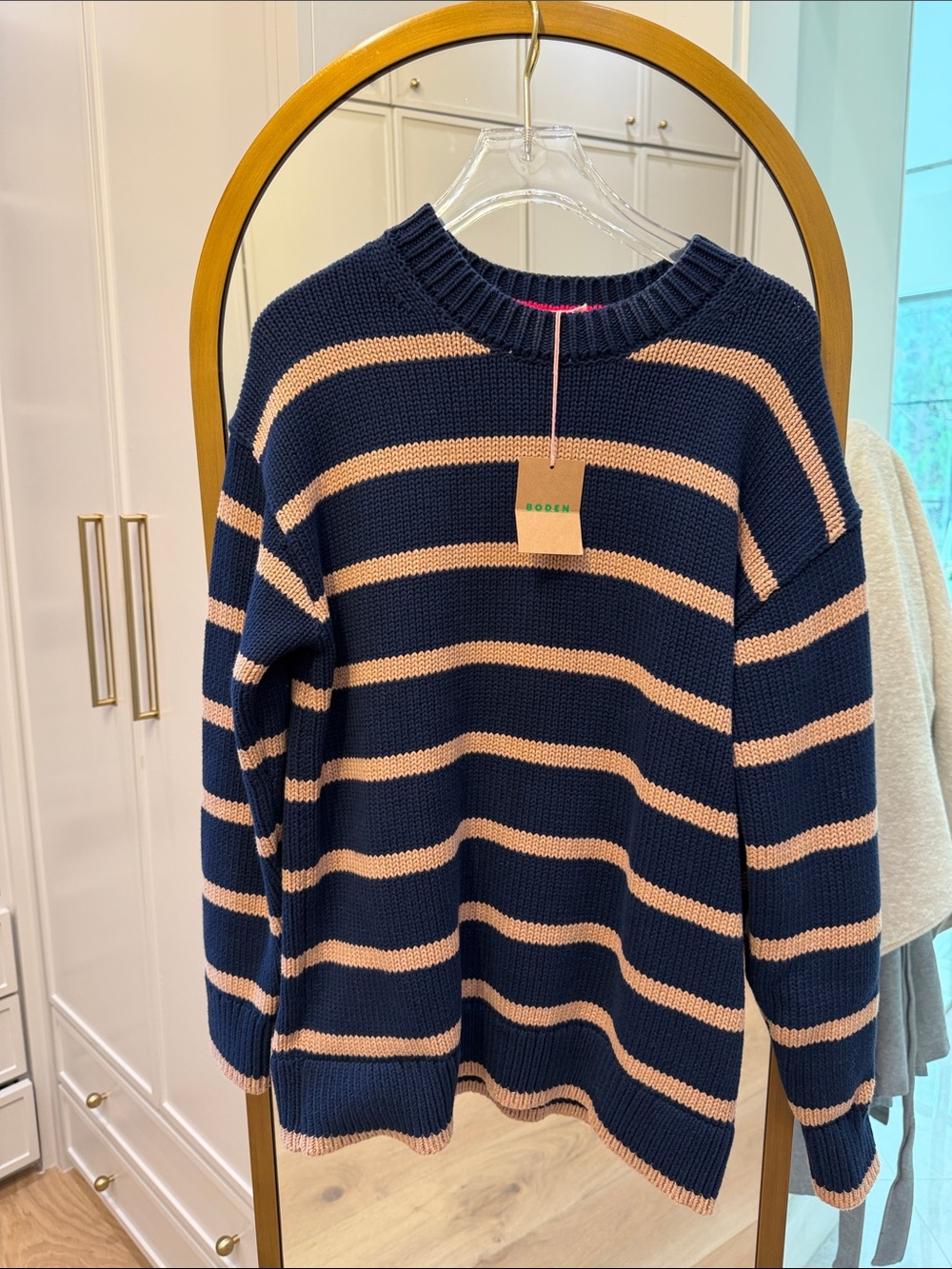 Boden Navy and Pale Pink Striped Crewneck Sweater